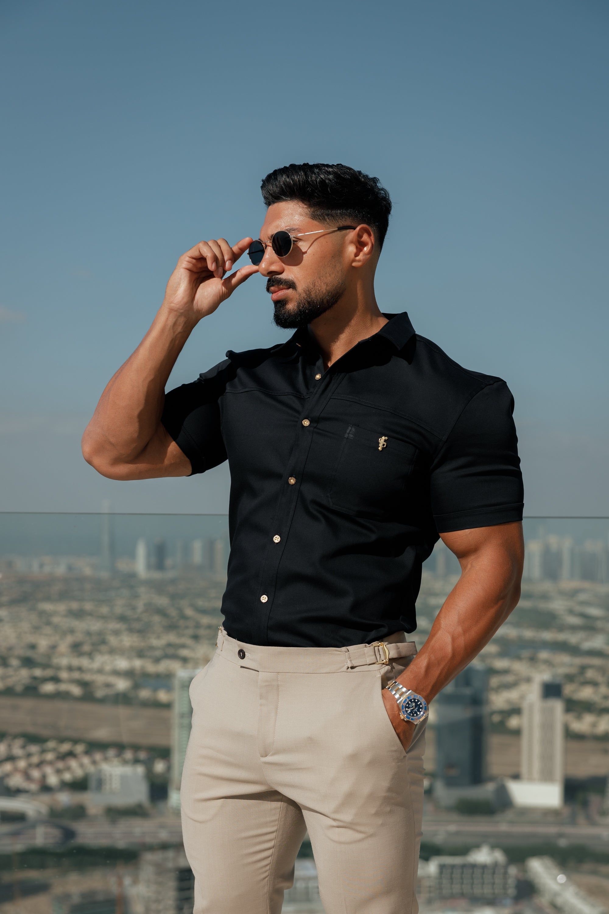 Father Sons Super Slim Stretch Black Denim Short Sleeve with Horizontal Seam and Pocket- FS954 sold by Father Sons product image thumbnail 3