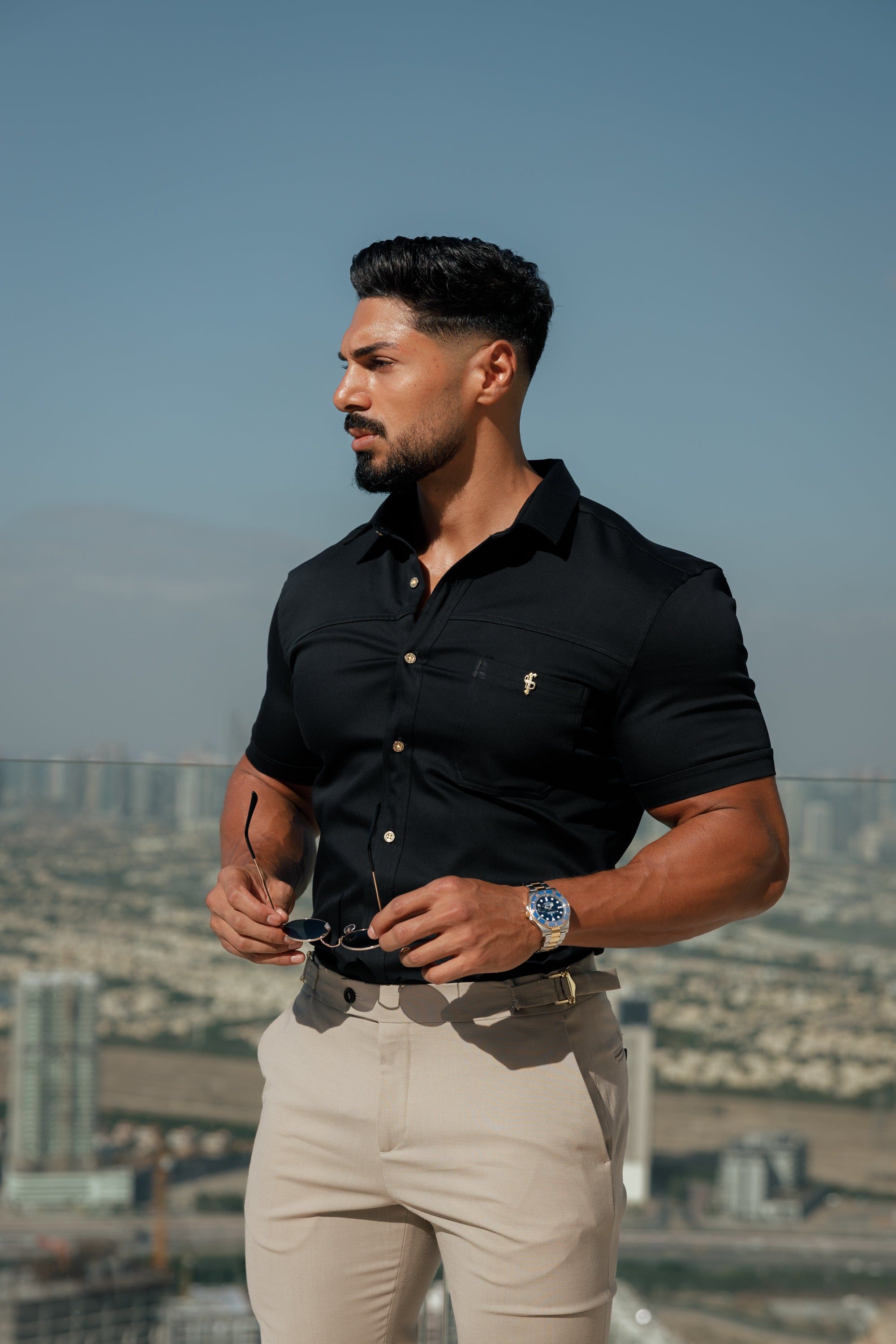 Father Sons Super Slim Stretch Black Denim Short Sleeve with Horizontal Seam and Pocket- FS954 sold by Father Sons product image thumbnail 4
