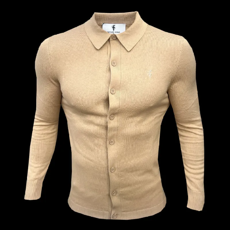 Father Sons Classic Plain Coffee Knitted Button Through Polo Long Sleeve - FSN171 sold by Father Sons