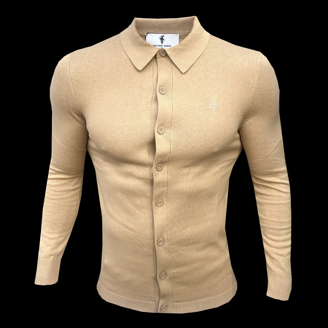Father Sons Classic Plain Coffee Knitted Button Through Polo Long Sleeve - FSN171 sold by Father Sons