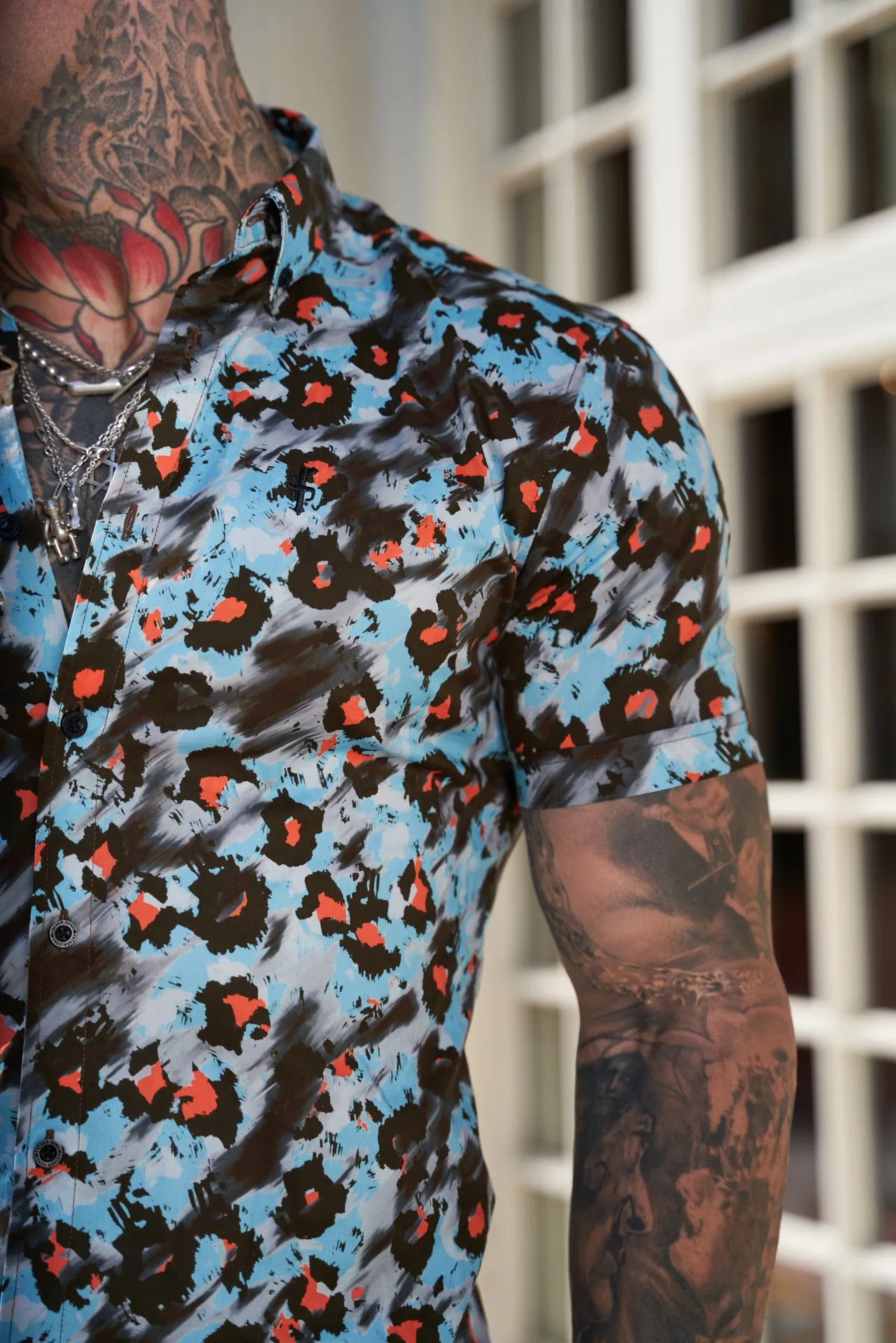 Super Slim Stretch Multi Colour Abstract Leopard Print Short Sleeve with Button Down Collar - FS790 sold by Father Sons product image thumbnail 3