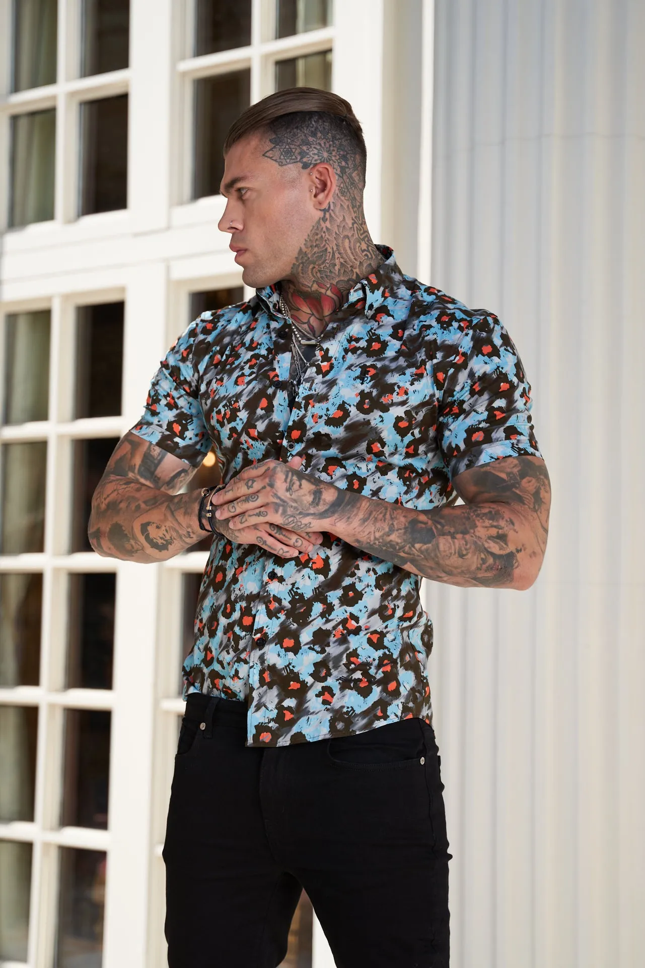 Super Slim Stretch Multi Colour Abstract Leopard Print Short Sleeve with Button Down Collar - FS790 sold by Father Sons product image thumbnail 4