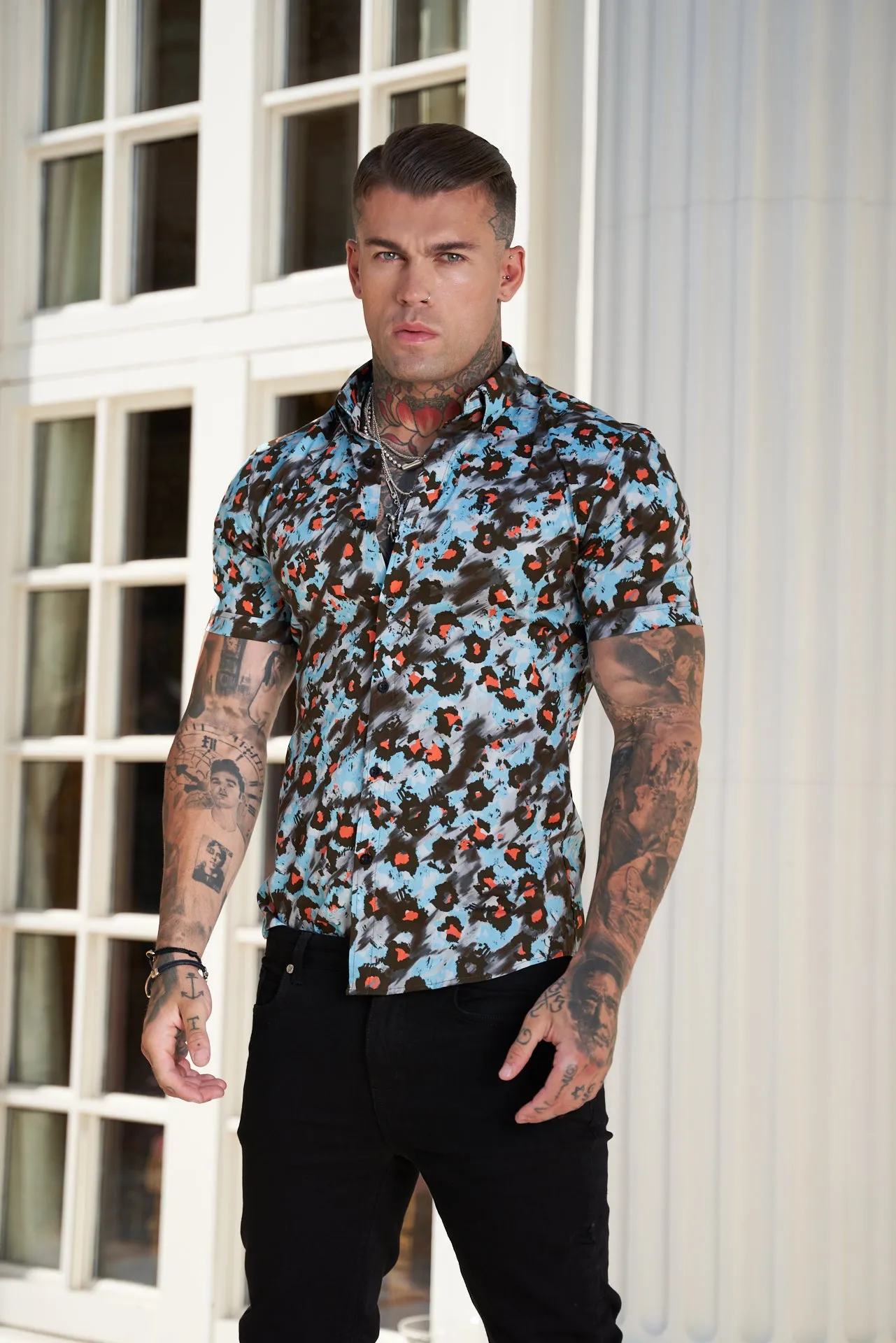 Super Slim Stretch Multi Colour Abstract Leopard Print Short Sleeve with Button Down Collar - FS790 sold by Father Sons