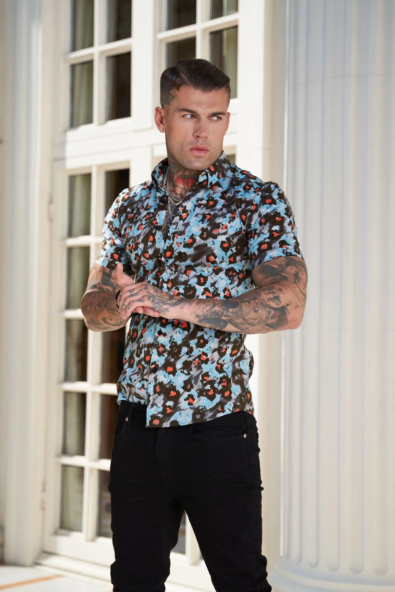 Super Slim Stretch Multi Colour Abstract Leopard Print Short Sleeve with Button Down Collar - FS790 sold by Father Sons product image thumbnail 5