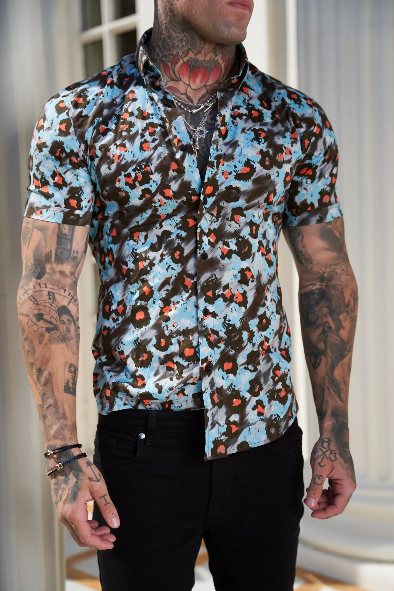 Super Slim Stretch Multi Colour Abstract Leopard Print Short Sleeve with Button Down Collar - FS790 sold by Father Sons product image thumbnail 2