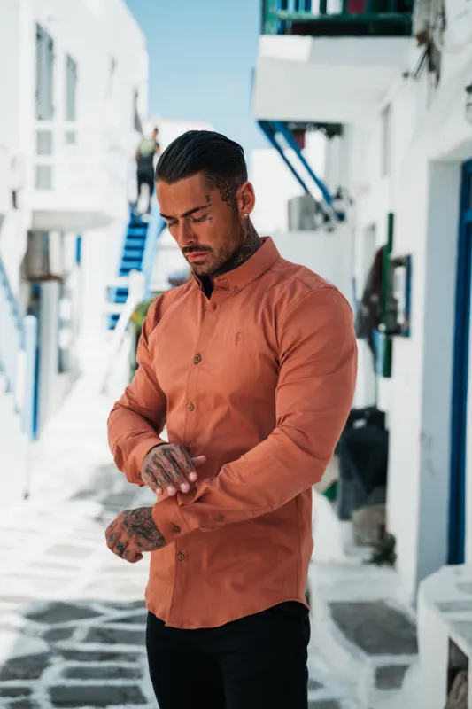 Father Sons Super Slim Stretch Plain Terracotta Long Sleeve With Button Down Collar - FS985 sold by Father Sons