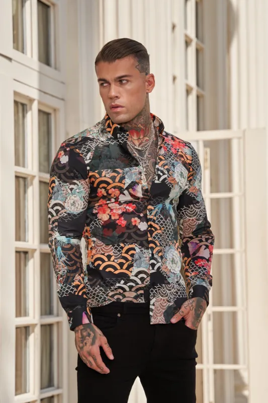 Father Sons Super Slim Stretch Multi Oriental Print Long Sleeve with Button Down Collar - FS771 sold by Father Sons