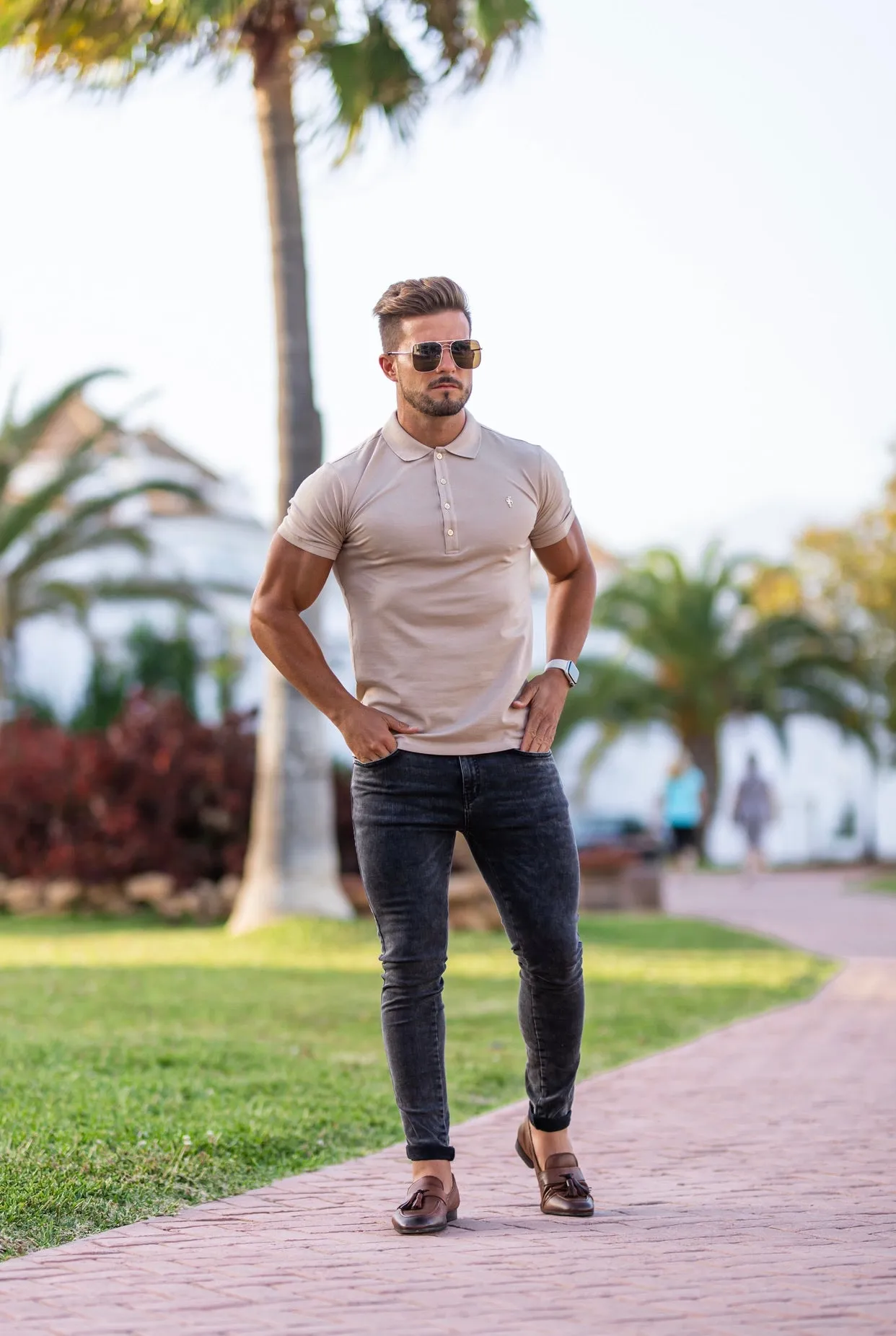 Classic Beige Polo Shirt with Gold Metal Emblem Decal & Buttons - FSH457 sold by Father Sons product image thumbnail 4