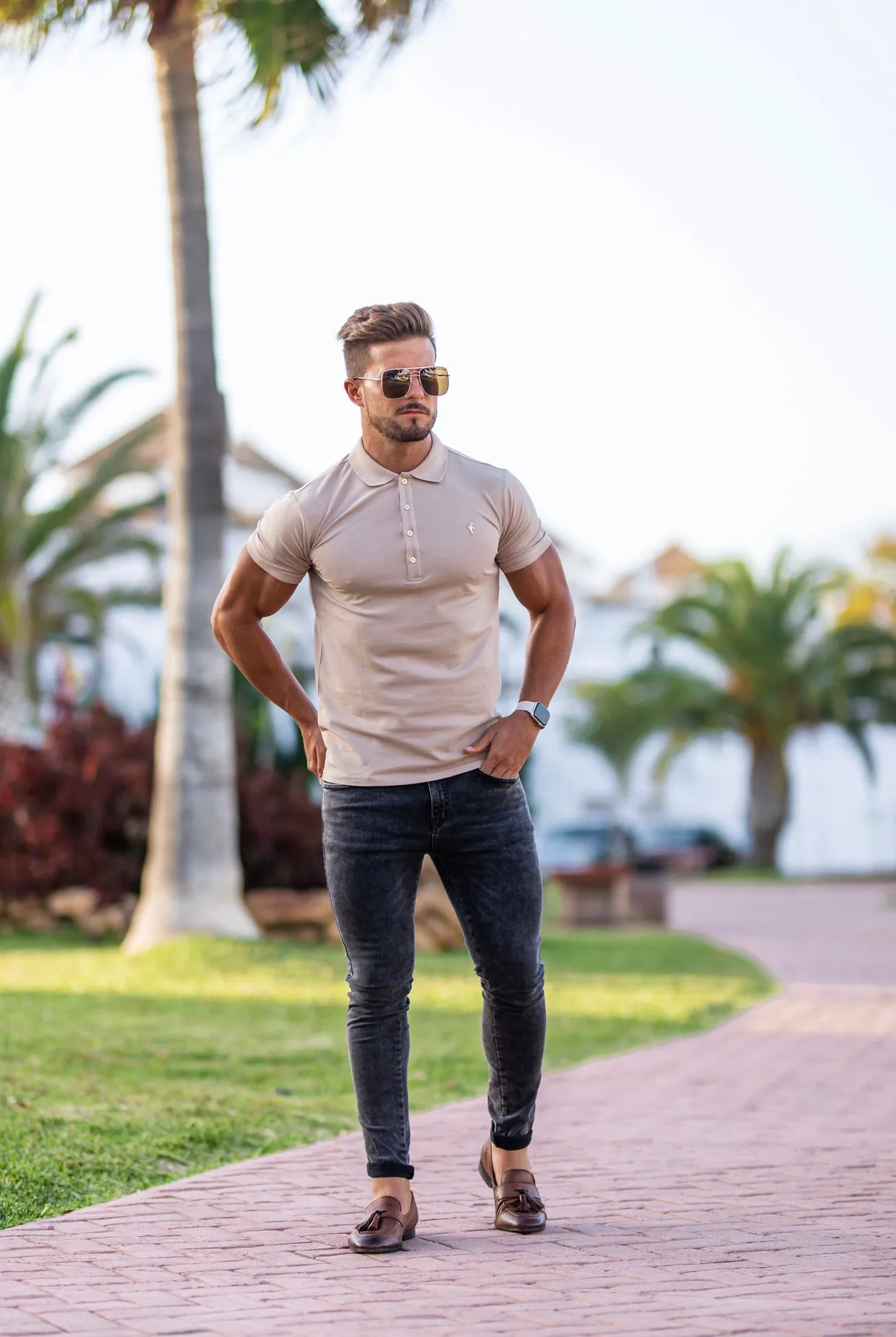 Classic Beige Polo Shirt with Gold Metal Emblem Decal & Buttons - FSH457 sold by Father Sons product image thumbnail 5