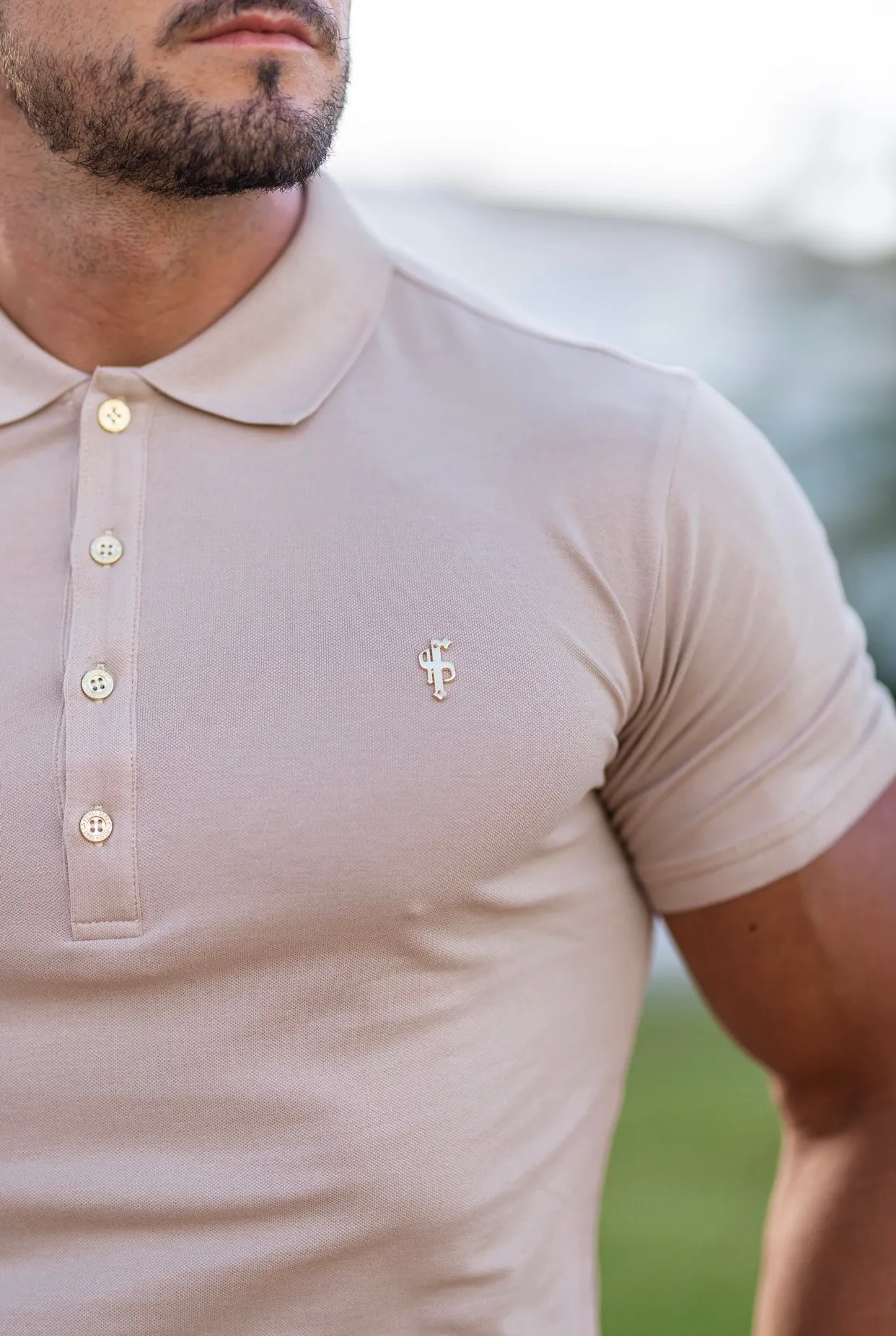 Classic Beige Polo Shirt with Gold Metal Emblem Decal & Buttons - FSH457 sold by Father Sons product image thumbnail 2
