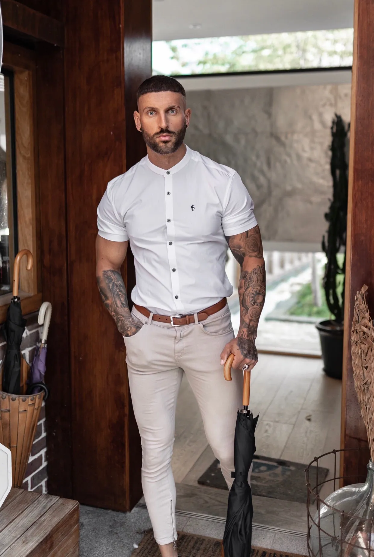 Father Sons Super Slim Stretch Classic White Grandad Collar Short Sleeve - FS172 sold by Father Sons product image thumbnail 3