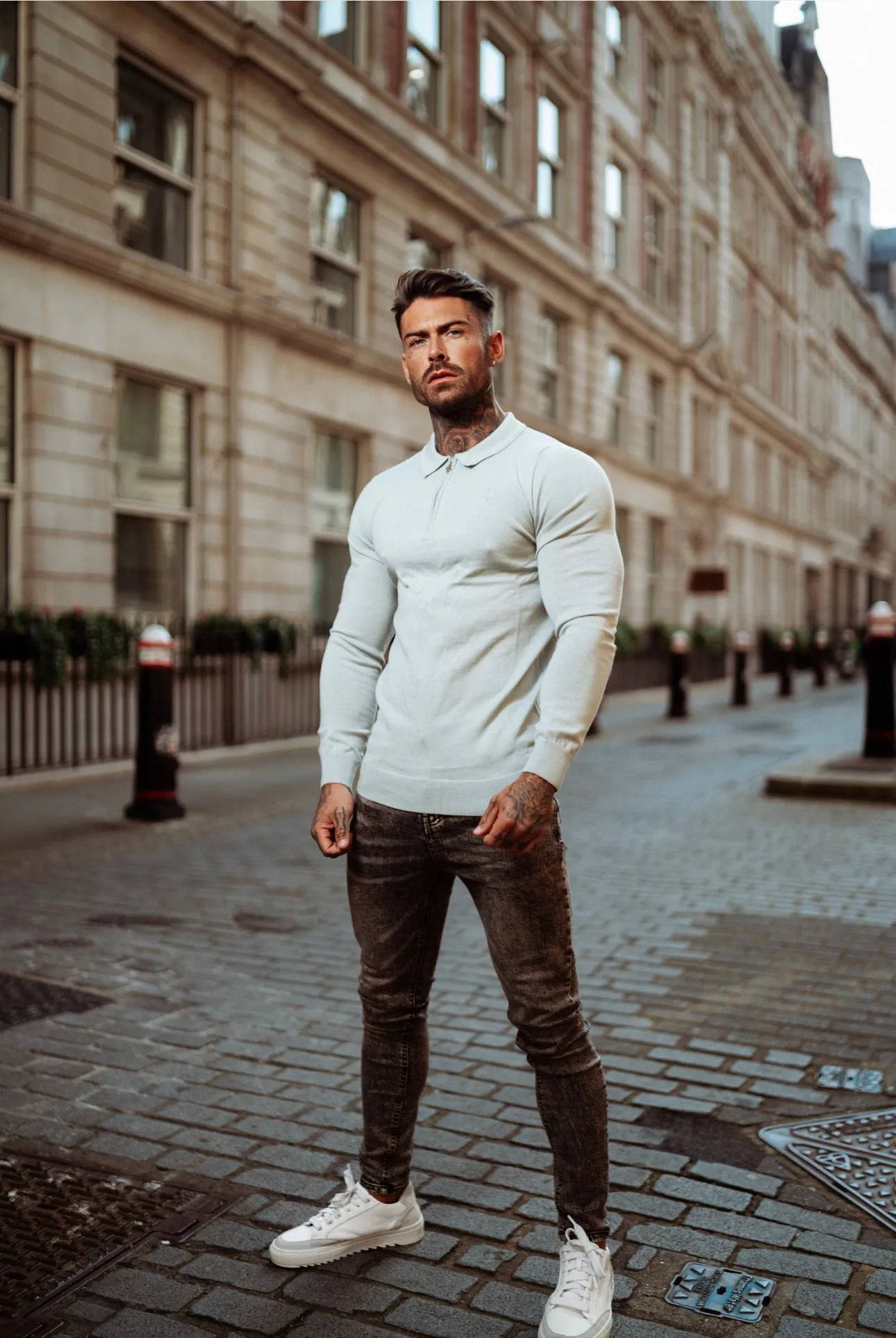 Father Sons Classic Grey Merino Wool Knitted Zip Polo Long Sleeve Sweater With FS Embroidery- FSN009 sold by Father Sons product image thumbnail 3