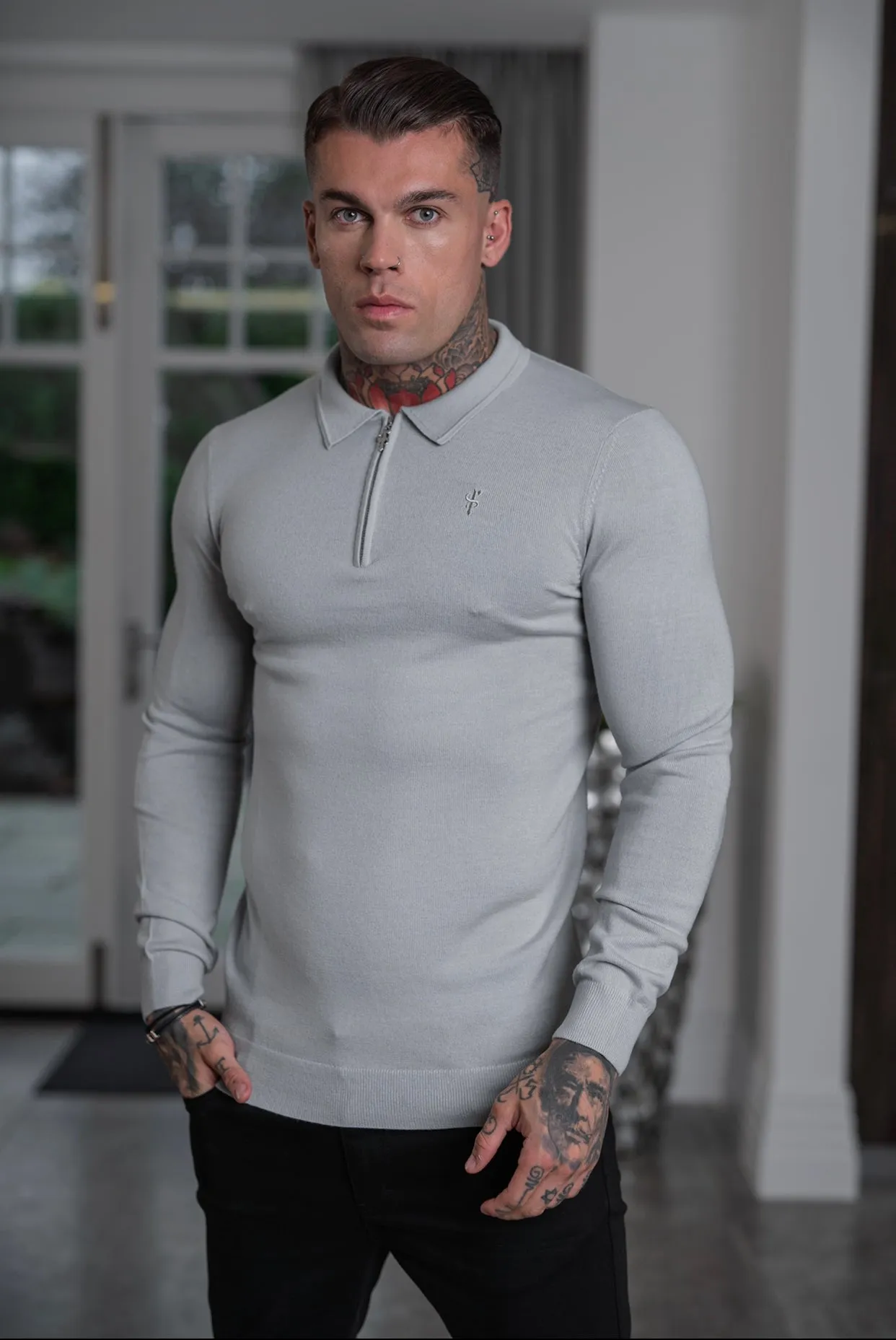 Father Sons Classic Grey Merino Wool Knitted Zip Polo Long Sleeve Sweater With FS Embroidery- FSN009 sold by Father Sons