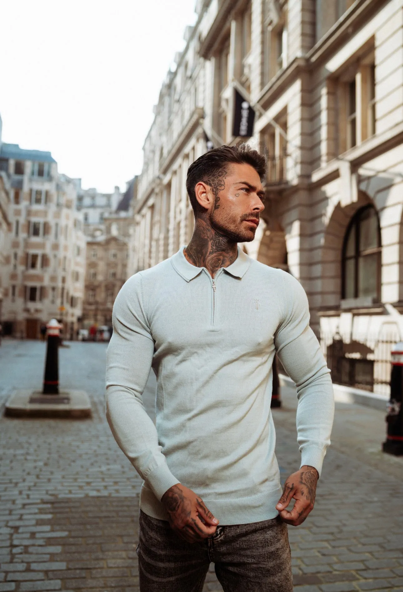 Father Sons Classic Grey Merino Wool Knitted Zip Polo Long Sleeve Sweater With FS Embroidery- FSN009 sold by Father Sons product image thumbnail 2