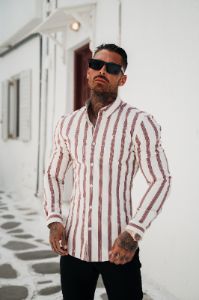 Father Sons Super Slim Stretch Off White / Burgundy Woven Stripe Long Sleeve Sleeve with Button Down Collar - FS973 sold by Father Sons