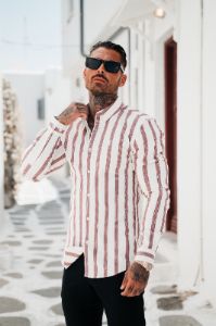 Father Sons Super Slim Stretch Off White / Burgundy Woven Stripe Long Sleeve Sleeve with Button Down Collar - FS973 sold by Father Sons
