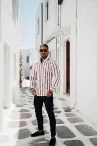 Father Sons Super Slim Stretch Off White / Burgundy Woven Stripe Long Sleeve Sleeve with Button Down Collar - FS973 sold by Father Sons