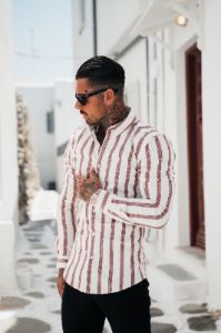 Father Sons Super Slim Stretch Off White / Burgundy Woven Stripe Long Sleeve Sleeve with Button Down Collar - FS973 sold by Father Sons