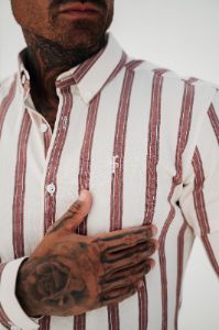 Father Sons Super Slim Stretch Off White / Burgundy Woven Stripe Long Sleeve Sleeve with Button Down Collar - FS973 sold by Father Sons
