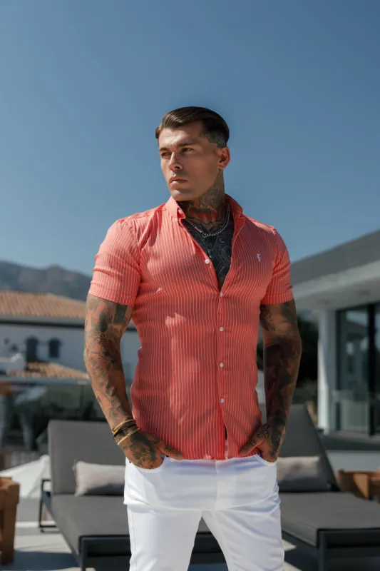 Father Sons Super Slim Stretch Coral Printed Pinstripe Short Sleeve with Button Down Collar - FS1062 sold by Father Sons