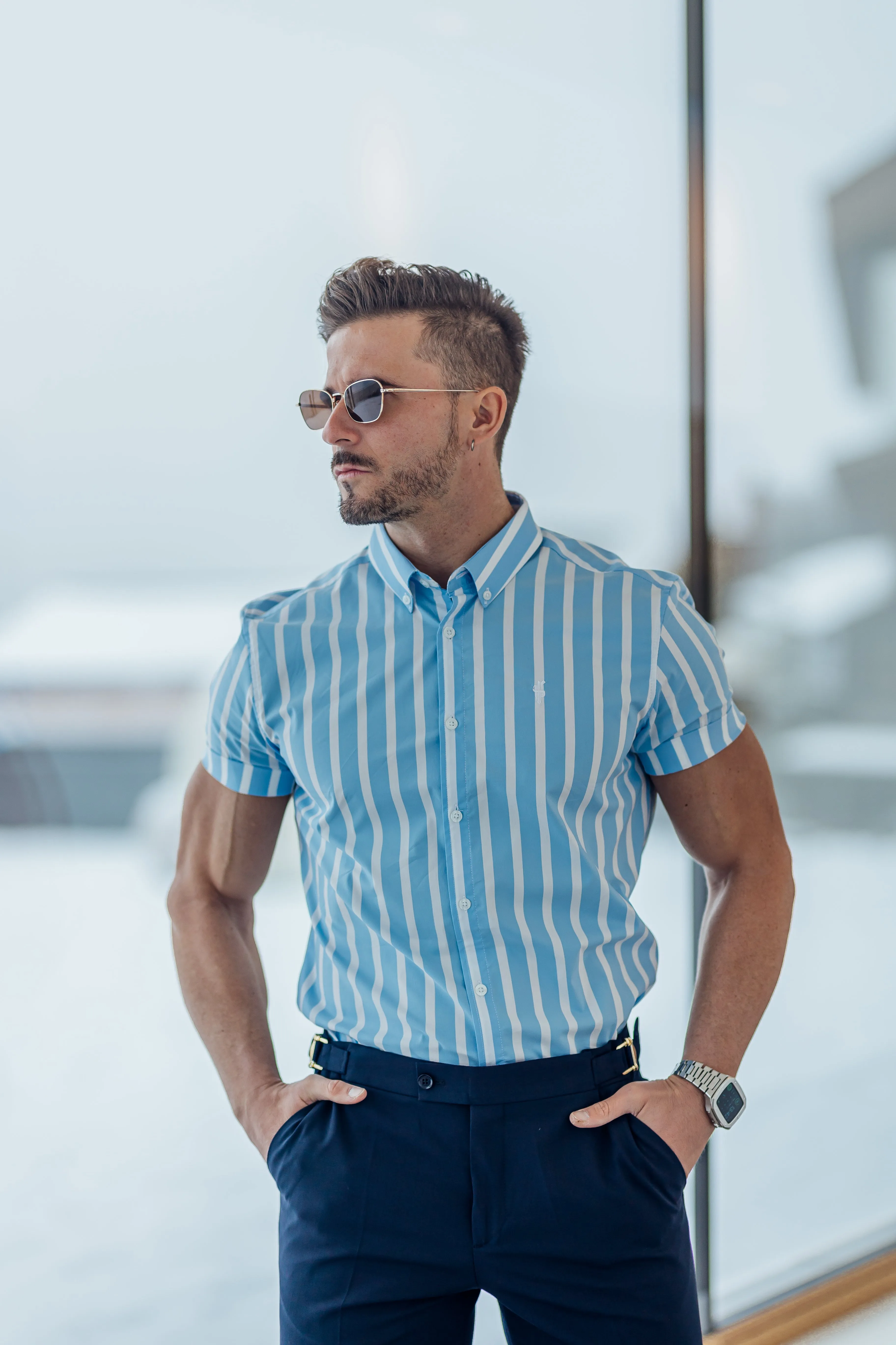 Father Sons Classic Light Blue and White Deckchair Woven Stripe Short Sleeve - FS976 sold by Father Sons product image thumbnail 2