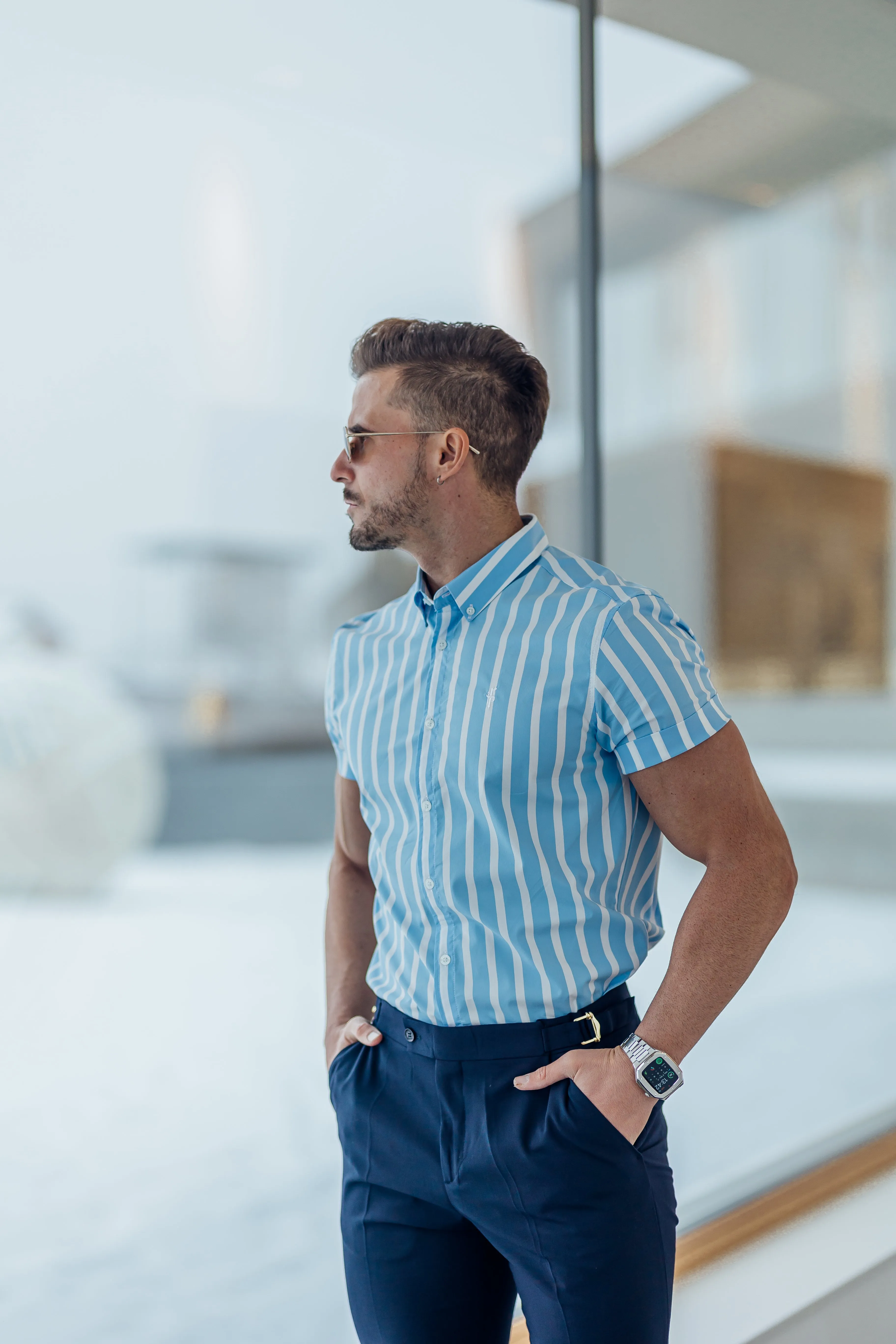 Father Sons Classic Light Blue and White Deckchair Woven Stripe Short Sleeve - FS976 sold by Father Sons product image thumbnail 4