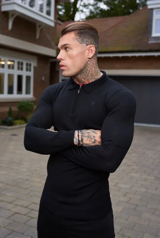 Father Sons Classic Black Merino Wool Knitted Zip Polo Long Sleeve Jumper With FS Embroidery- FSN010 sold by Father Sons