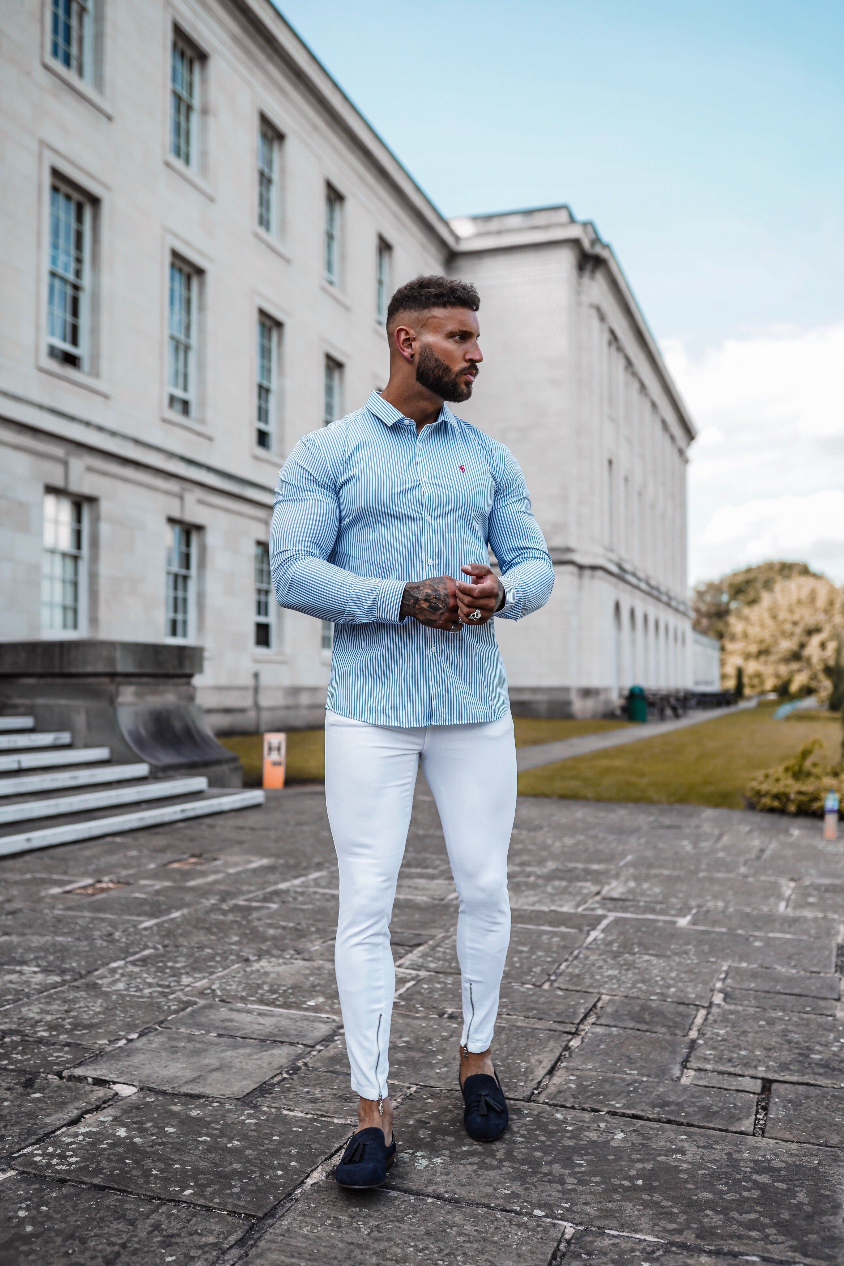 Father Sons Super Slim Stretch White & Navy Stripe (Red Emblem) - FS513 sold by Father Sons