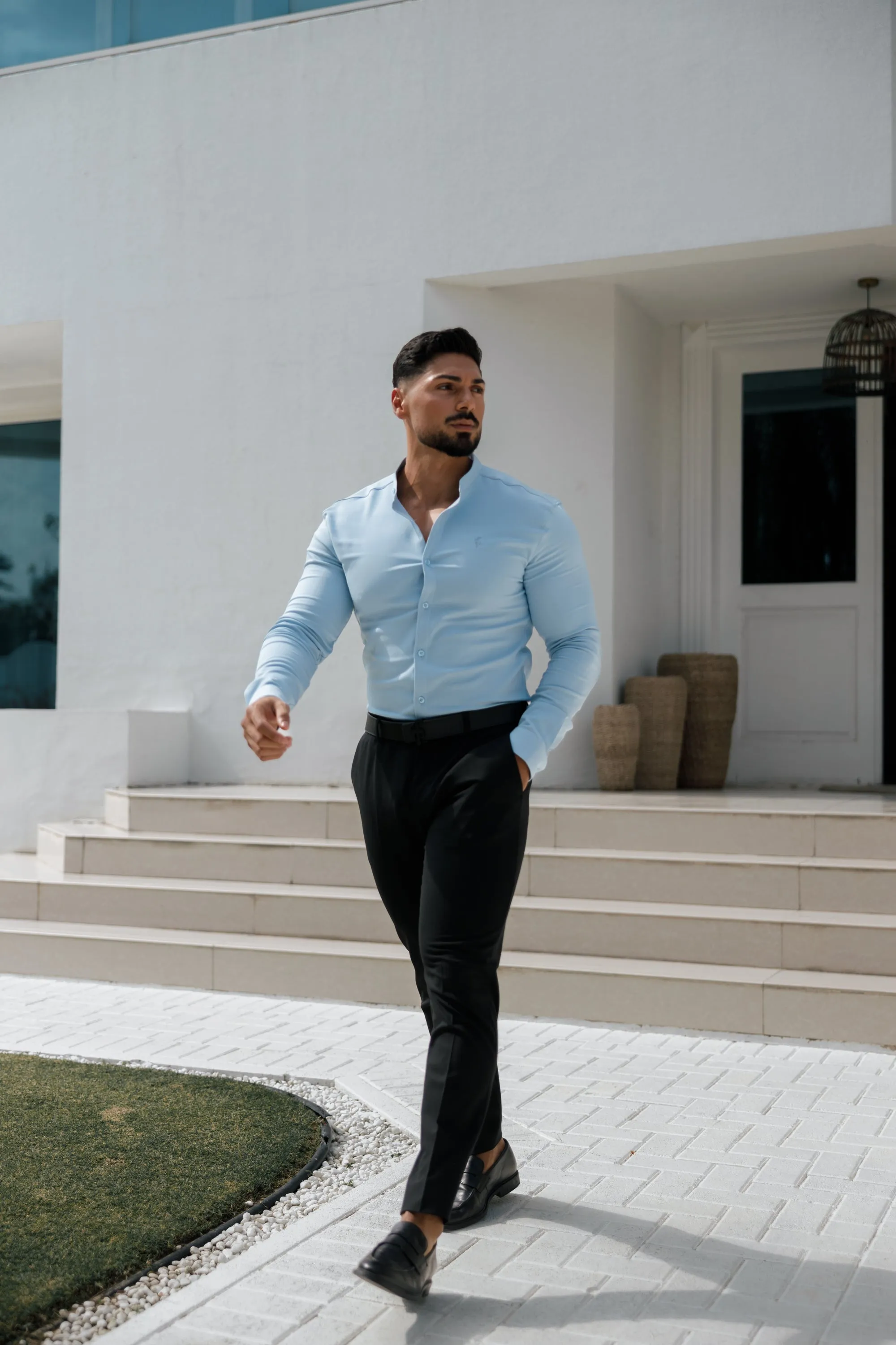 Father Sons Super Slim Scuba Light Blue Long Sleeve Stretch With Grandad Collar - FS1002 sold by Father Sons product image thumbnail 2