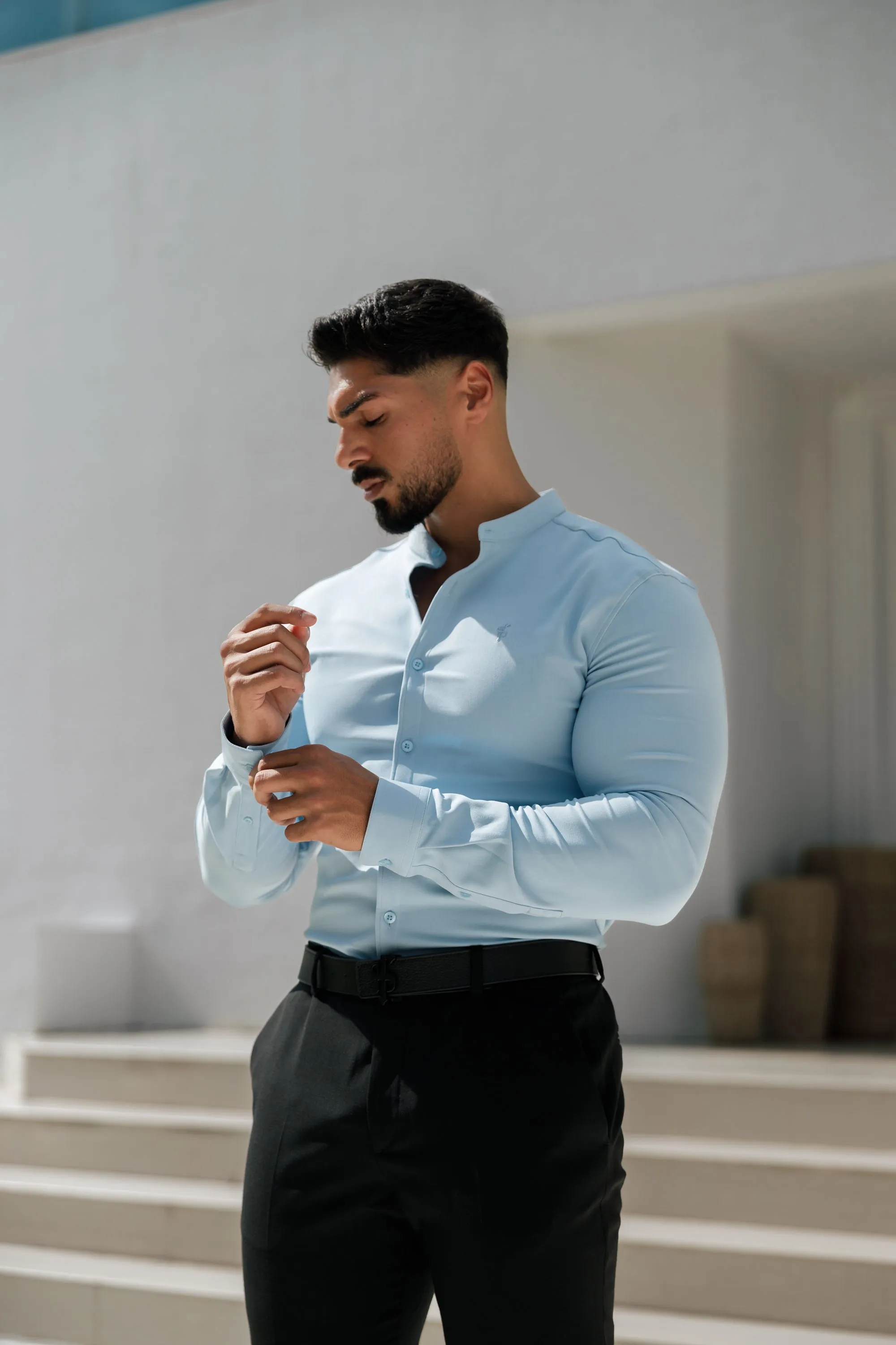 Father Sons Super Slim Scuba Light Blue Long Sleeve Stretch With Grandad Collar - FS1002 sold by Father Sons