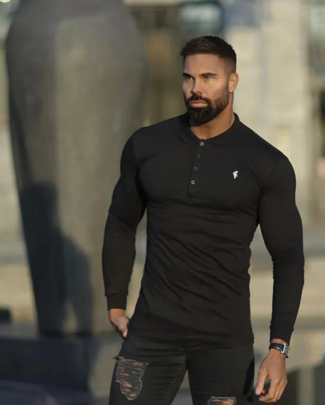 Classic Black Polo Long Sleeve Shirt (White Emblem) - FSH033 sold by Father Sons