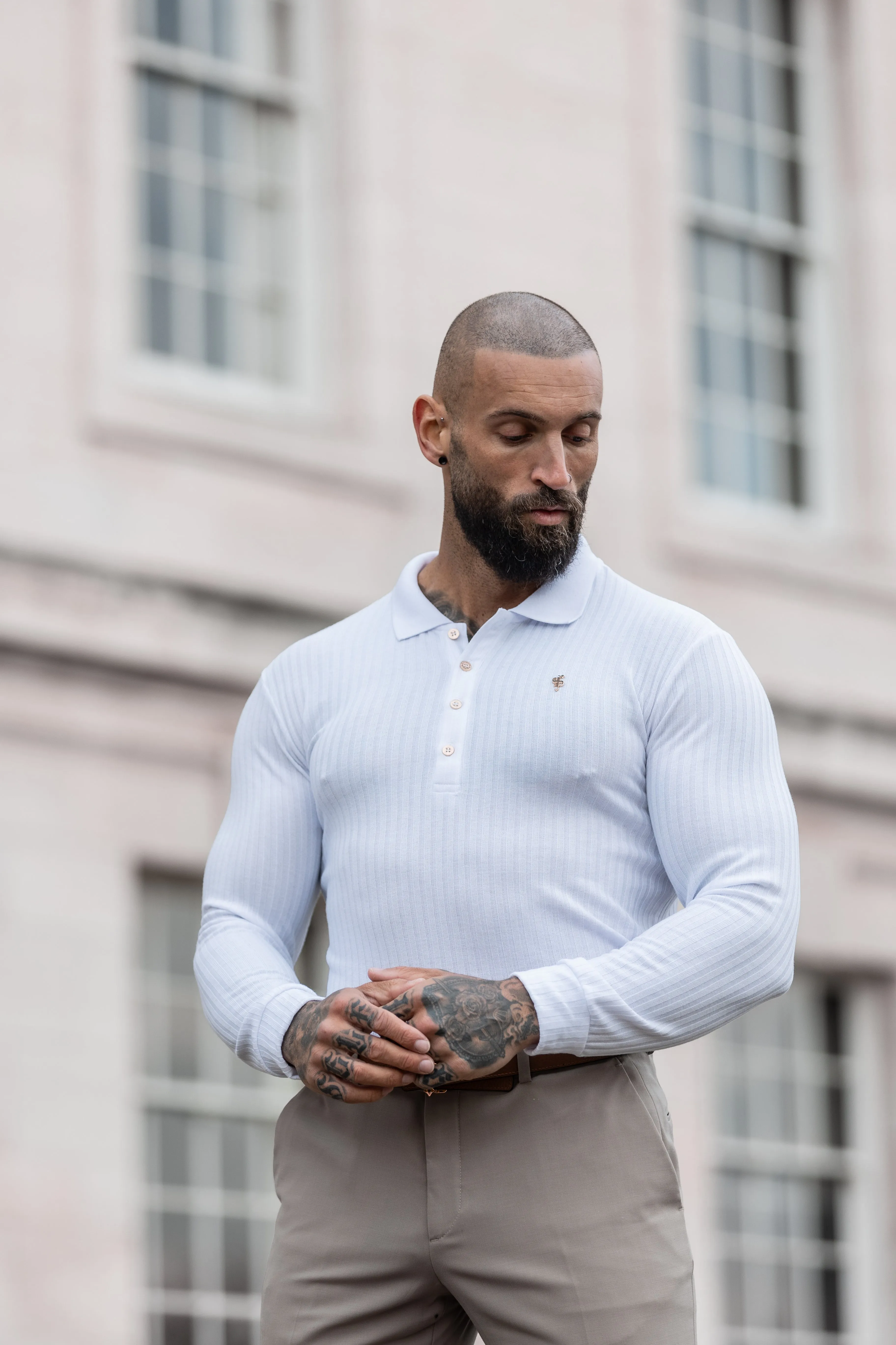 Classic White Ribbed Polo Shirt Long Sleeve With Gold Decal - FSH975 sold by Father Sons product image thumbnail 4