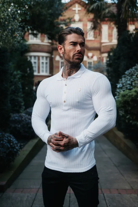 Classic White Ribbed Polo Shirt Long Sleeve With Gold Decal - FSH975 sold by Father Sons