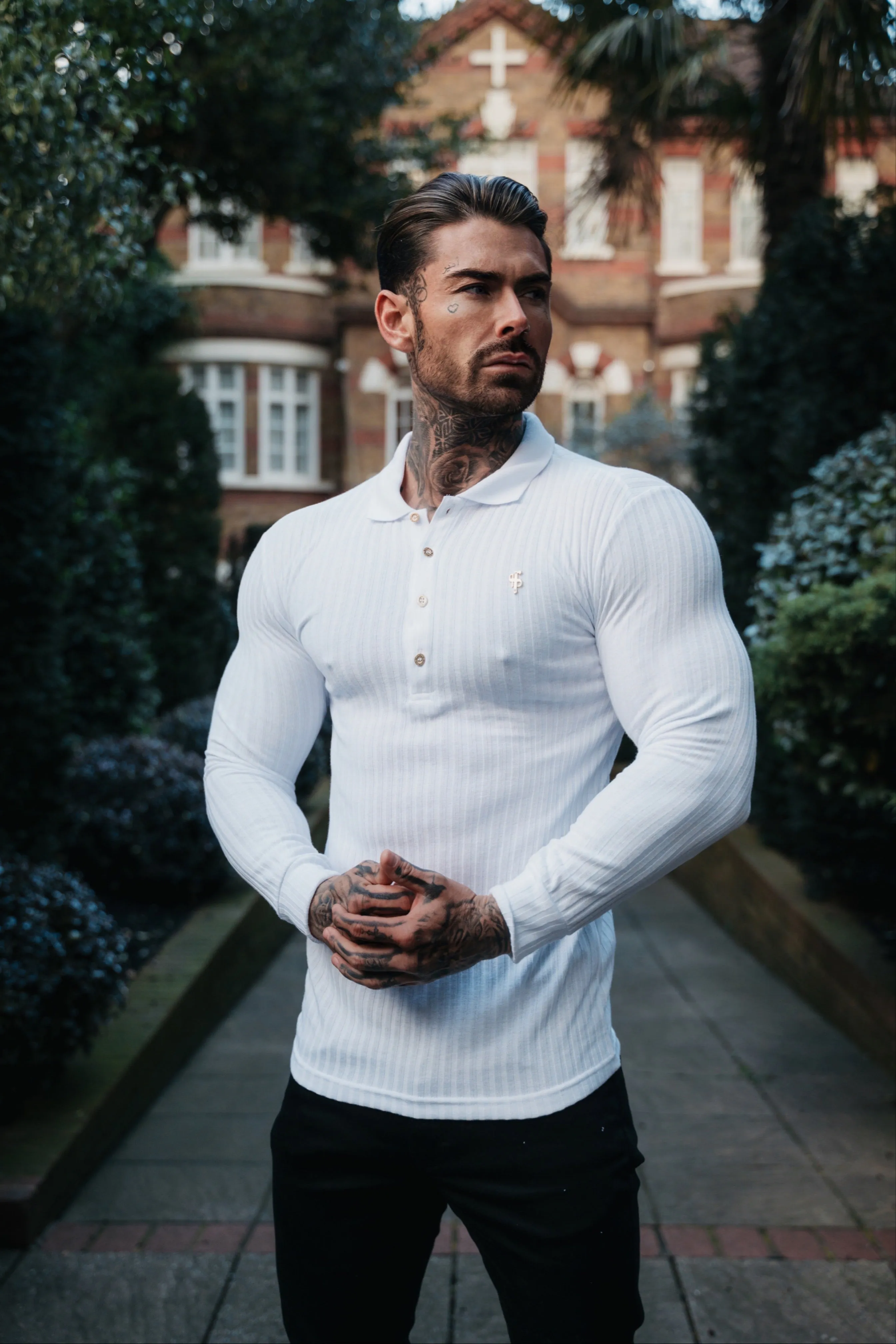 Classic White Ribbed Polo Shirt Long Sleeve With Gold Decal - FSH975 sold by Father Sons