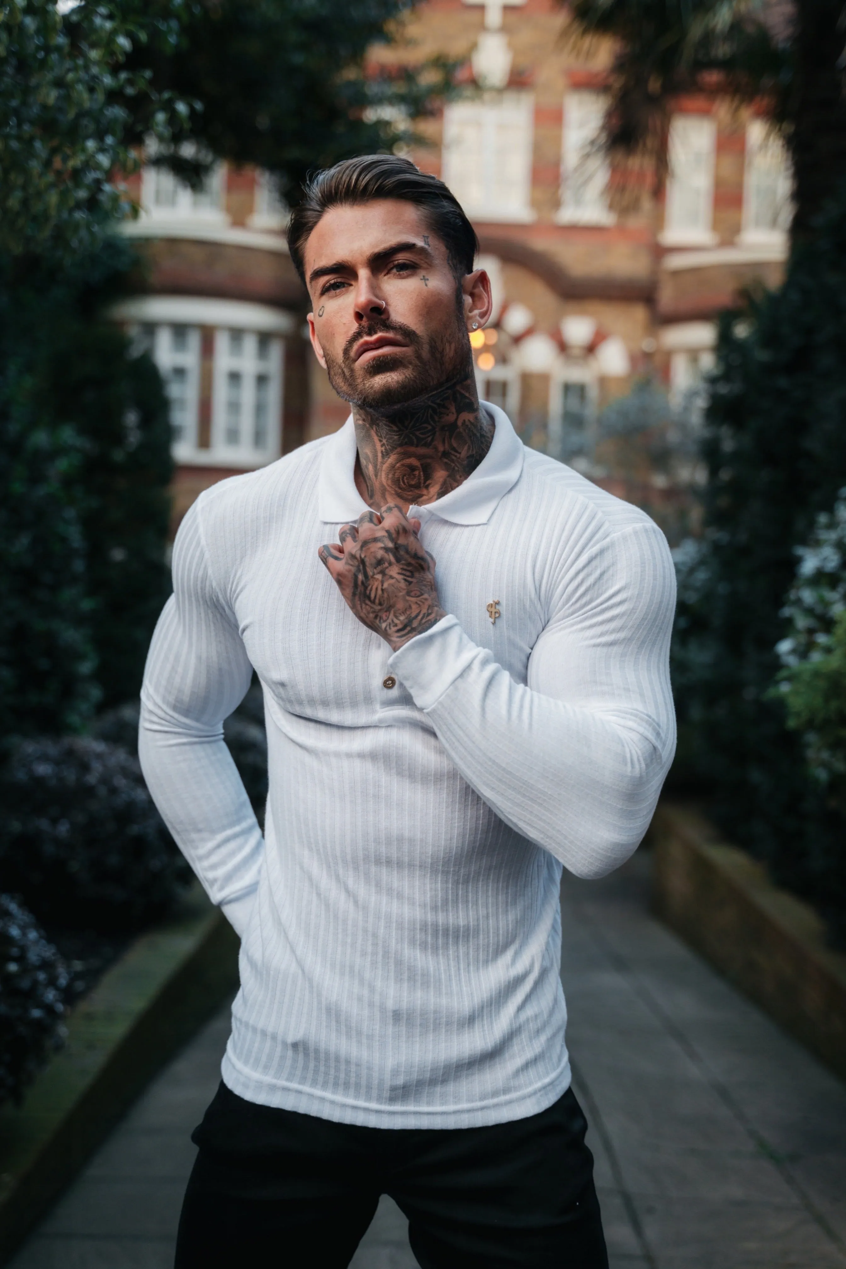 Classic White Ribbed Polo Shirt Long Sleeve With Gold Decal - FSH975 sold by Father Sons product image thumbnail 2