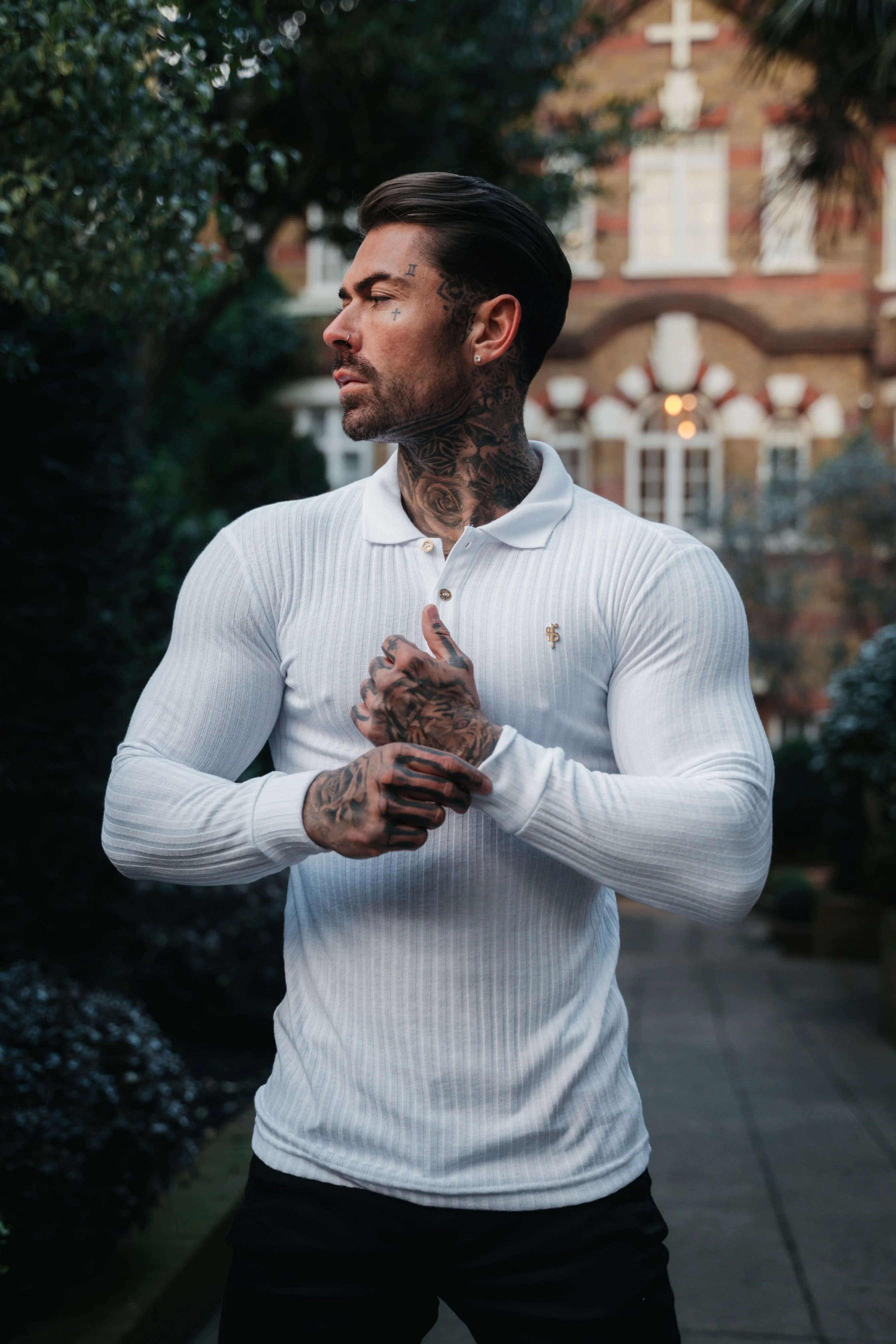 Classic White Ribbed Polo Shirt Long Sleeve With Gold Decal - FSH975 sold by Father Sons product image thumbnail 3