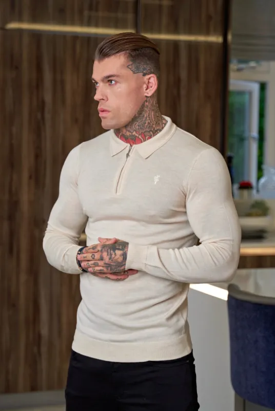 Father Sons Classic Beige Merino Wool Knitted Zip Polo Long Sleeve Sweater With FS Embroidery- FSN008 sold by Father Sons