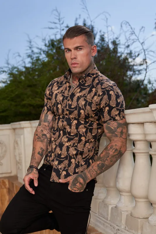 Father Sons Super Slim Stretch Black / Tan Cheetah Print Short Sleeve with Button Down Collar - FS789 sold by Father Sons