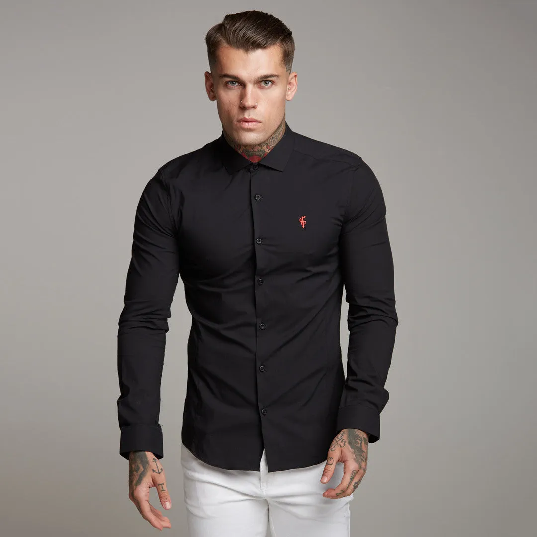 Father Sons Super Slim Stretch Classic Black Panel Shirt (Red embroidery) - FS320 sold by Father Sons