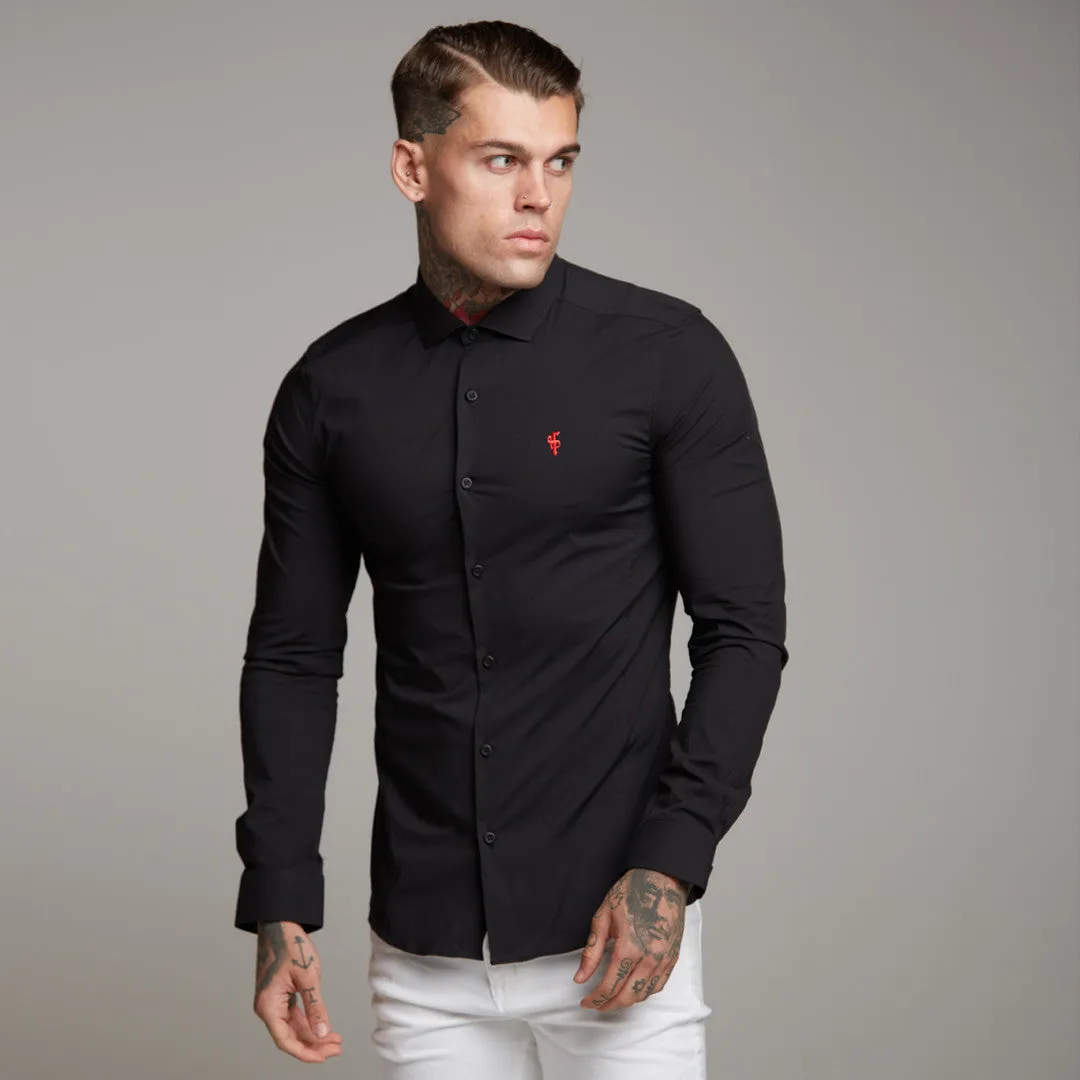 Father Sons Super Slim Stretch Classic Black Panel Shirt (Red embroidery) - FS320 sold by Father Sons product image thumbnail 3