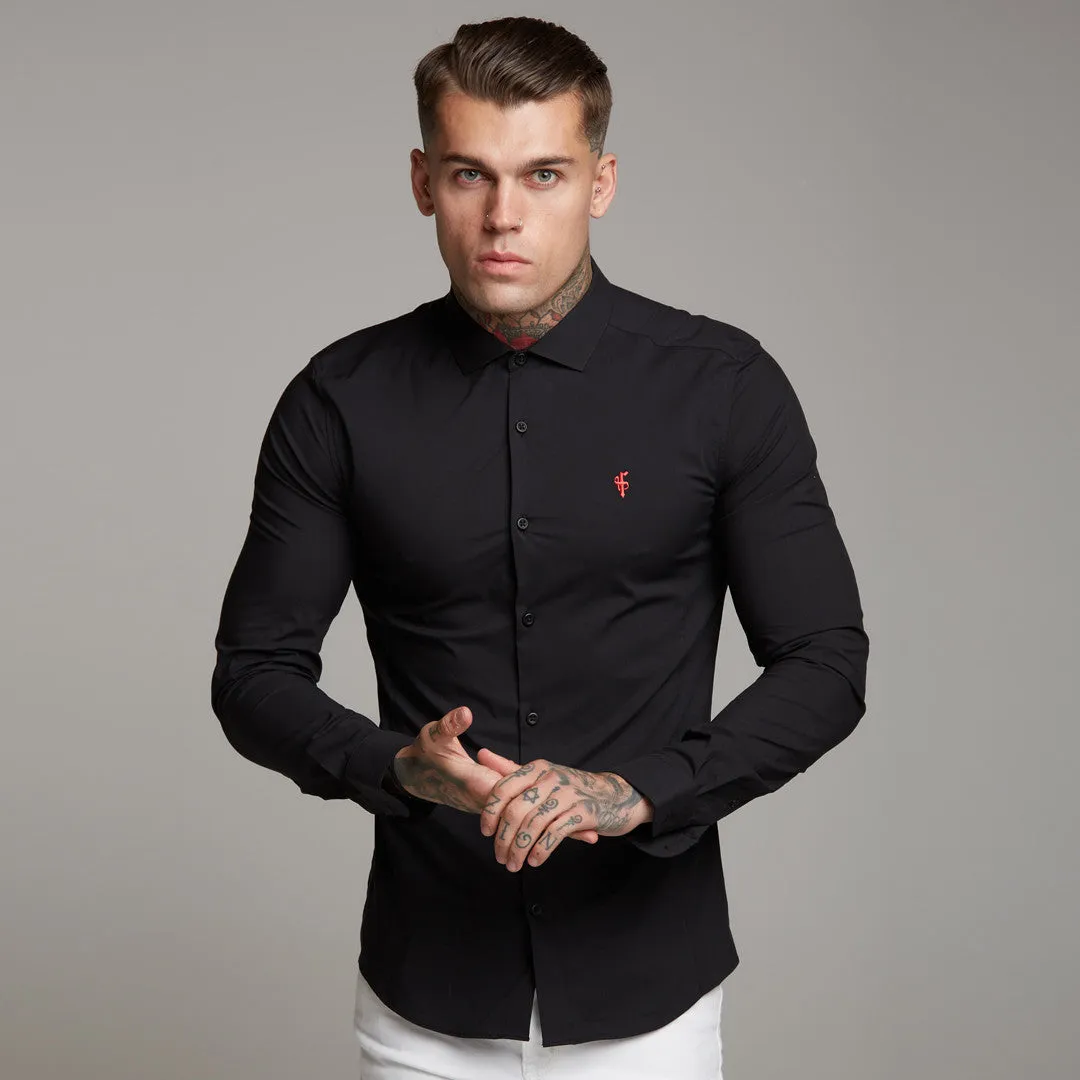 Father Sons Super Slim Stretch Classic Black Panel Shirt (Red embroidery) - FS320 sold by Father Sons product image thumbnail 2