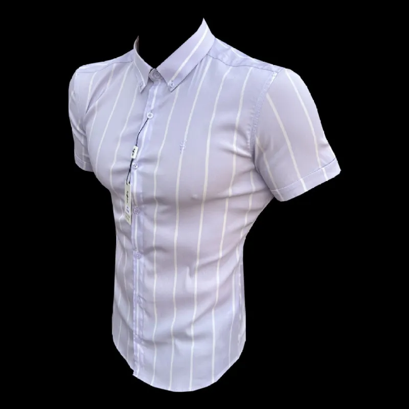 Father Sons Super Slim Stretch Lilac Printed Wide Stripe Short Sleeve with Button Down Collar - FS1068 sold by Father Sons