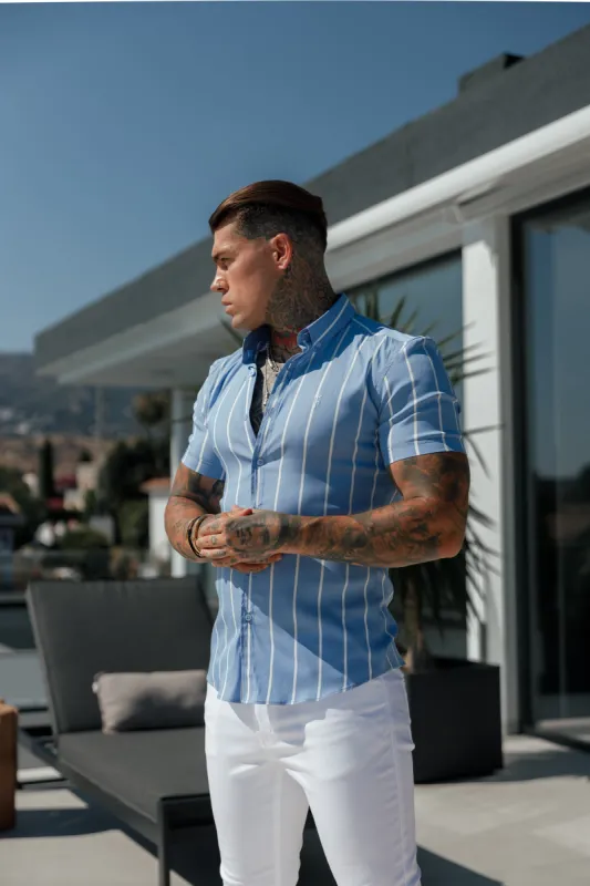 Super Slim Stretch Blue Printed Wide Stripe Short Sleeve with Button Down Collar - FS1054 sold by Father Sons