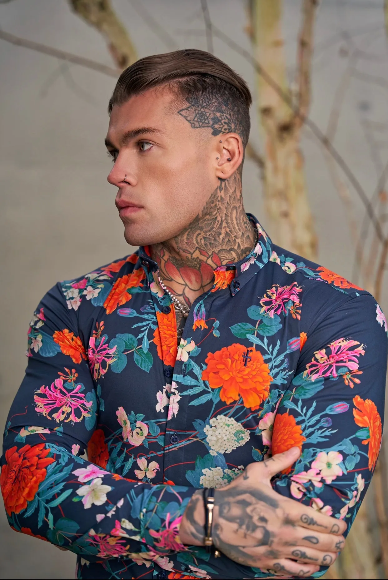 Father Sons Super Slim Stretch Navy / Red Carnation Print Long Sleeve with Button Down Collar - FS852 sold by Father Sons product image thumbnail 2