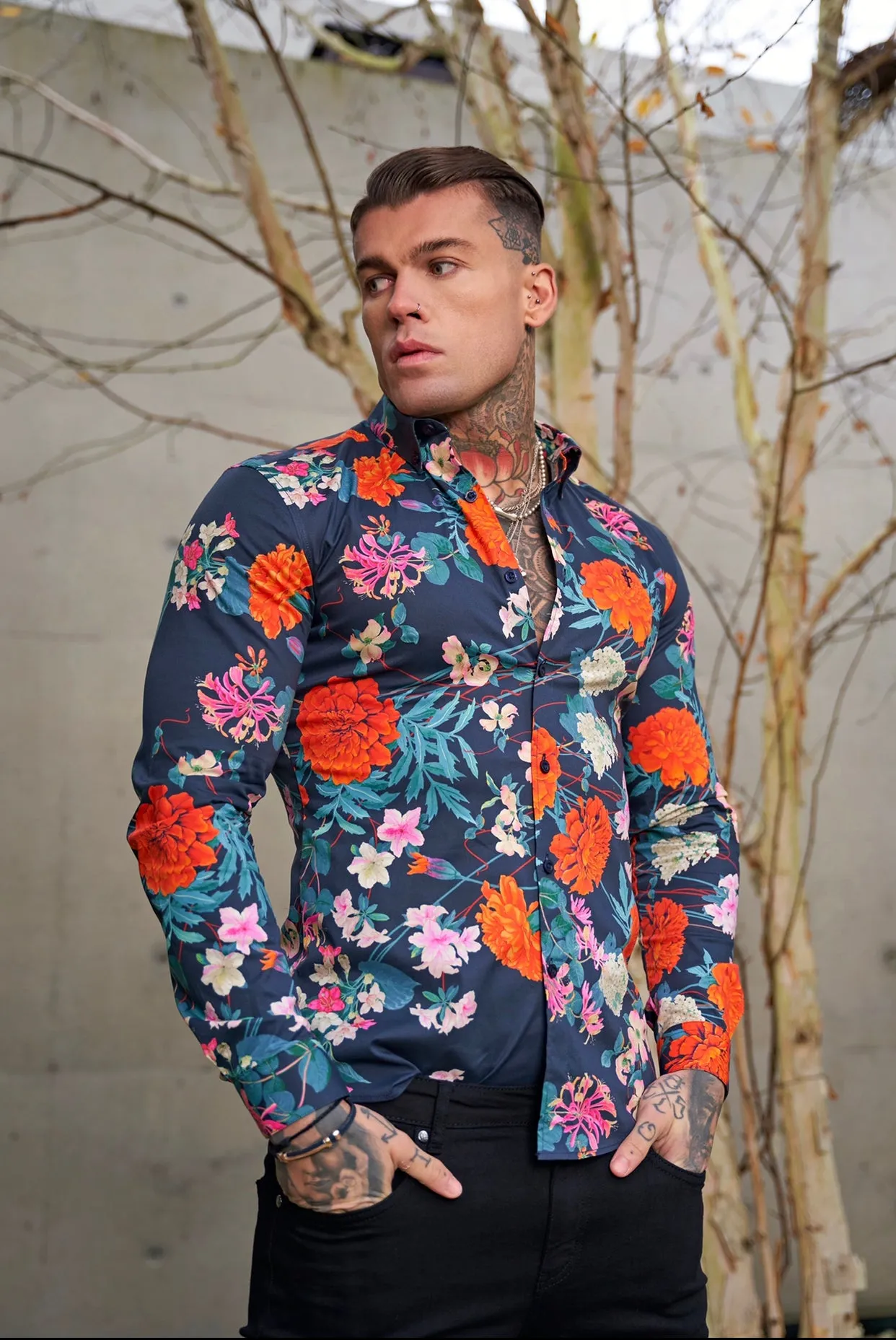 Father Sons Super Slim Stretch Navy / Red Carnation Print Long Sleeve with Button Down Collar - FS852 sold by Father Sons product image thumbnail 4