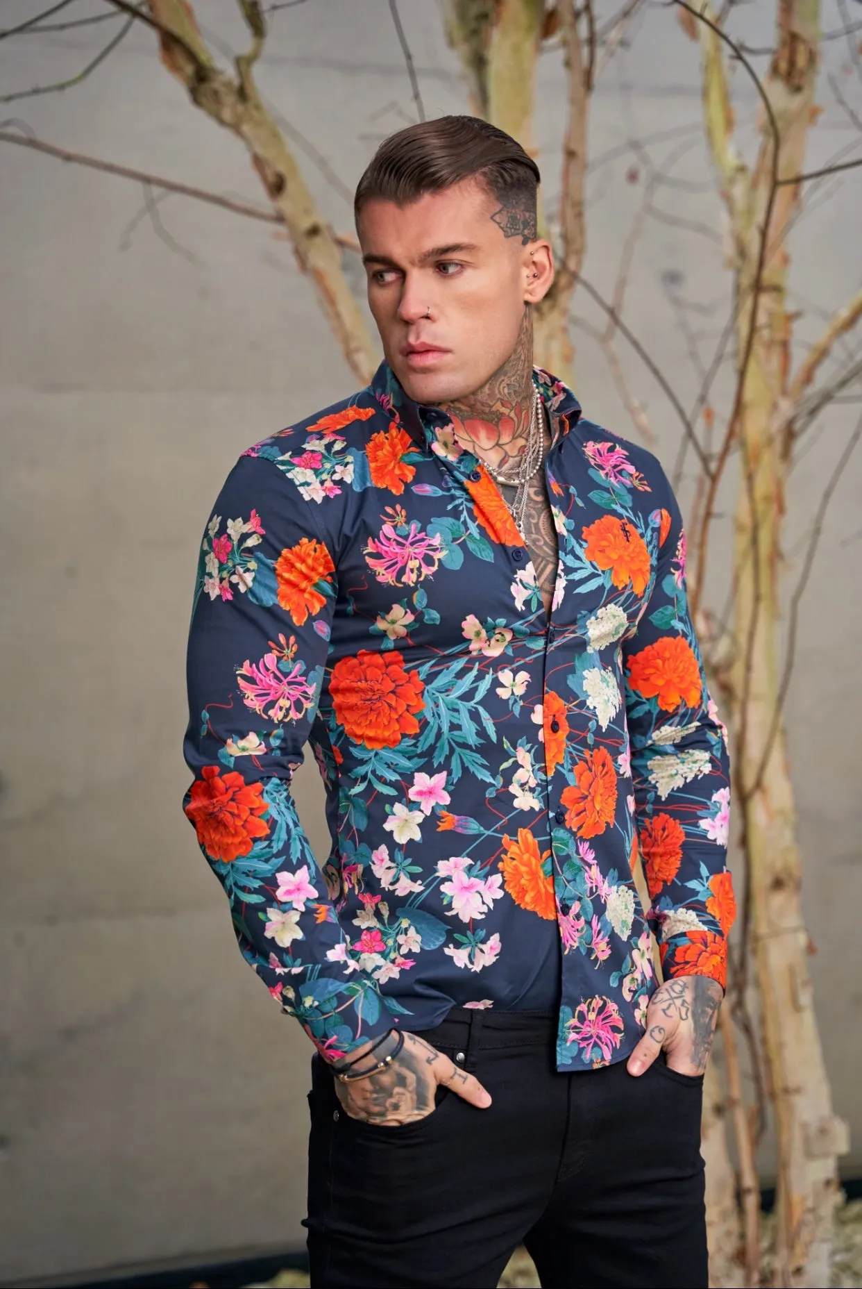 Father Sons Super Slim Stretch Navy / Red Carnation Print Long Sleeve with Button Down Collar - FS852 sold by Father Sons product image thumbnail 5