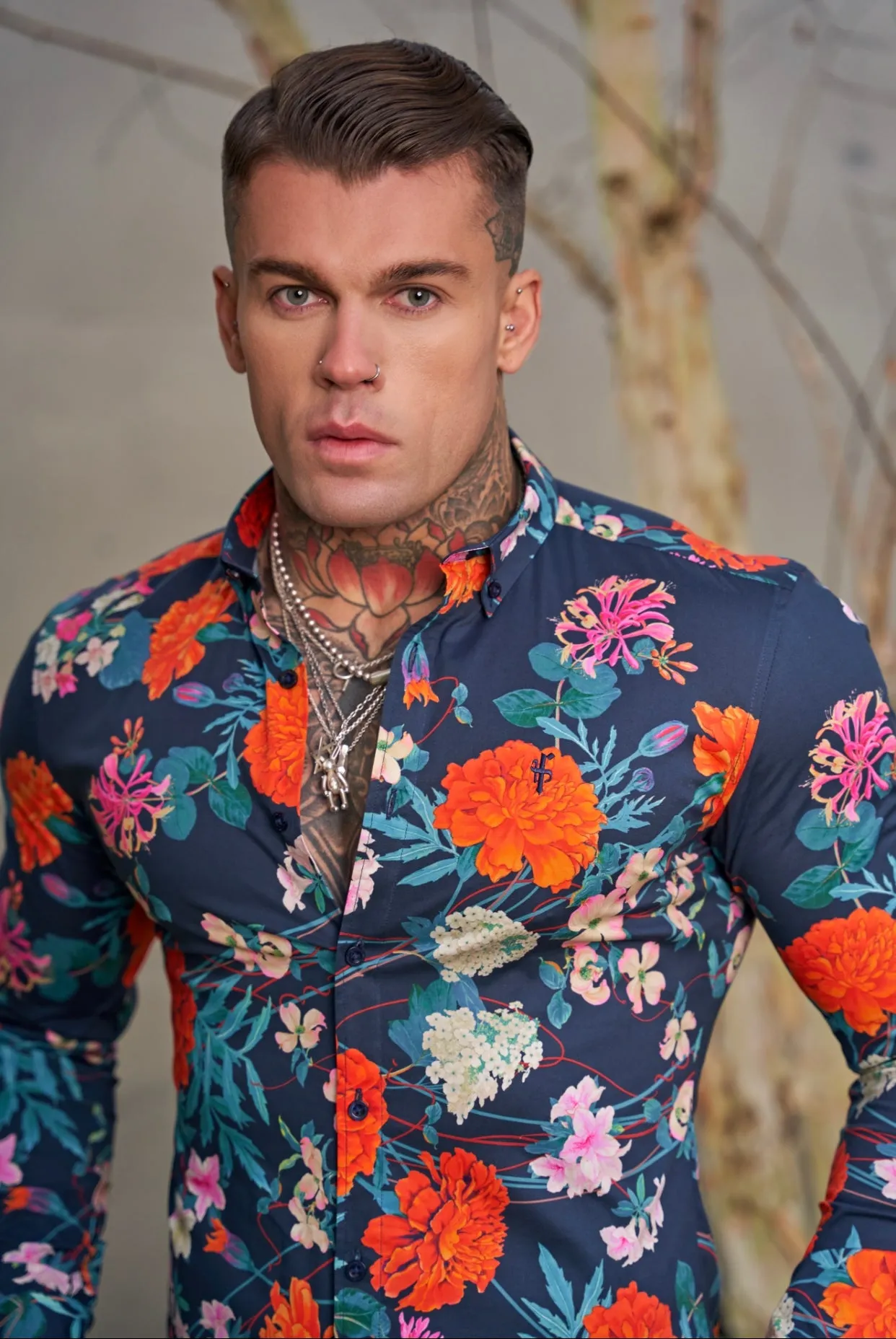 Father Sons Super Slim Stretch Navy / Red Carnation Print Long Sleeve with Button Down Collar - FS852 sold by Father Sons product image thumbnail 3