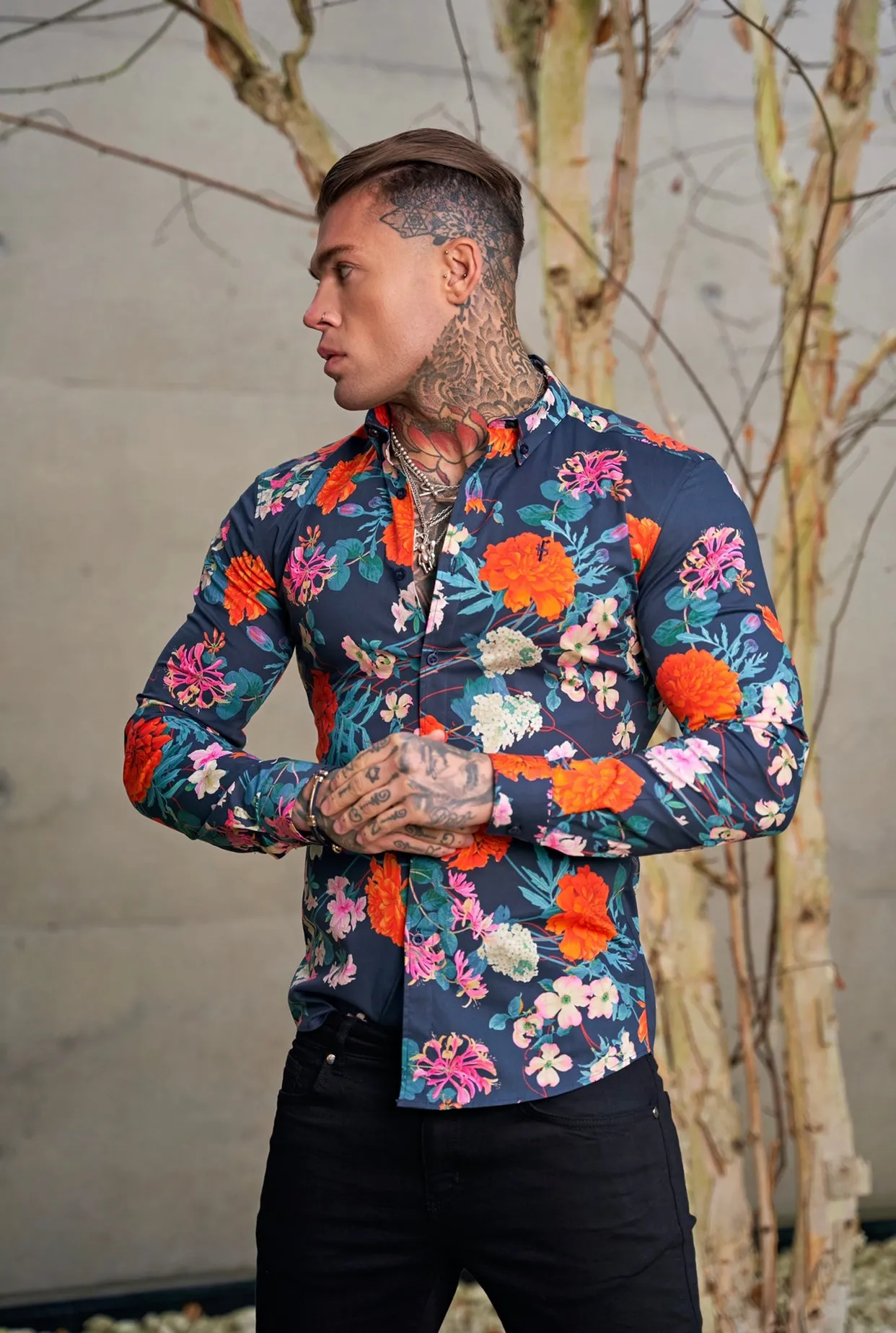 Father Sons Super Slim Stretch Navy / Red Carnation Print Long Sleeve with Button Down Collar - FS852 sold by Father Sons