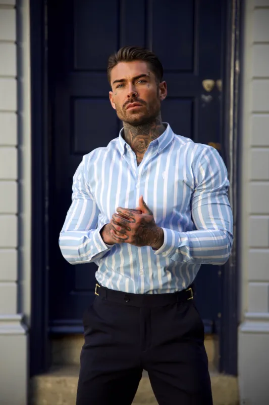 Father Sons Classic Light Blue and White Deckchair Woven Stripe Long Sleeve - FS977 sold by Father Sons