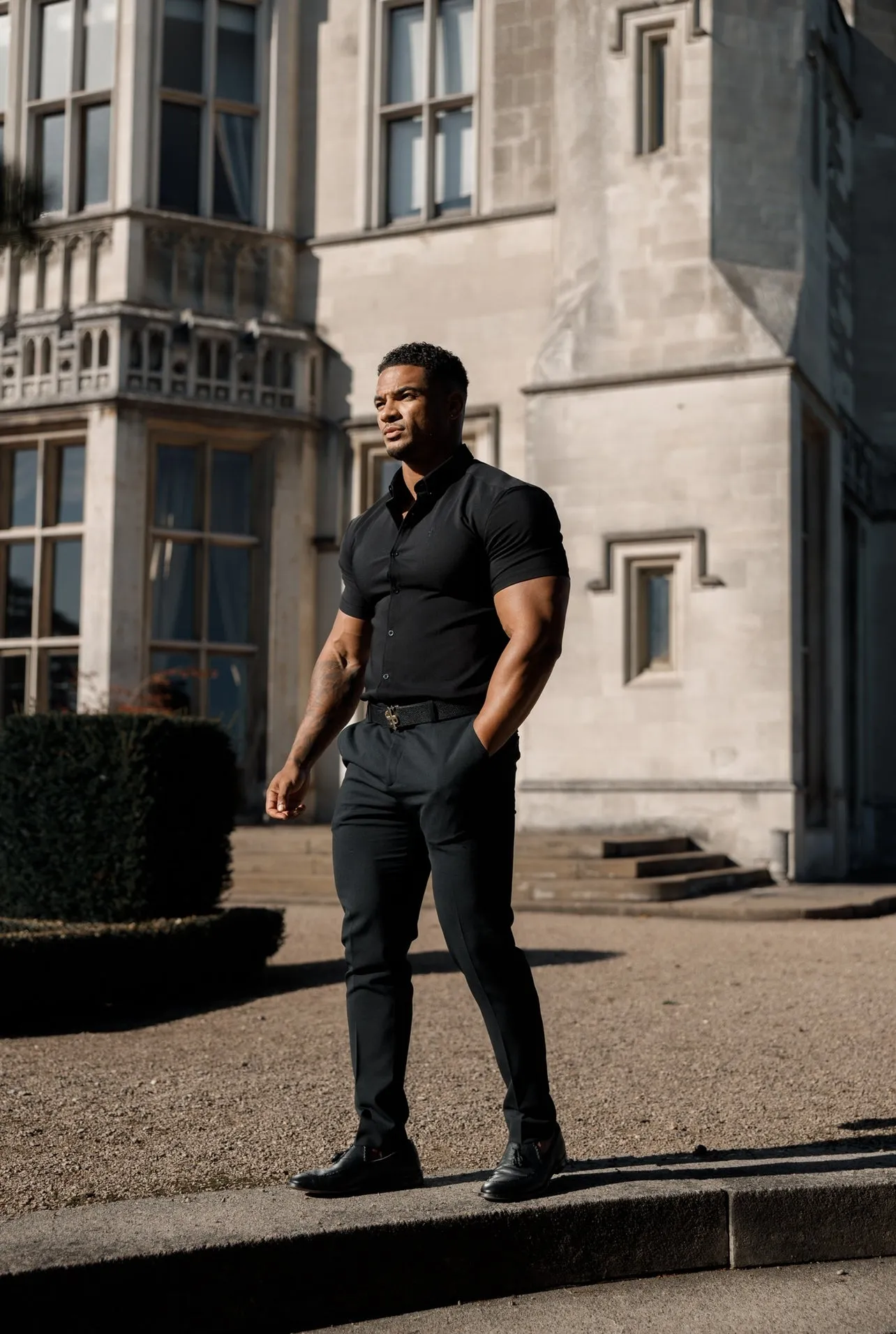 Father Sons Super Slim Scuba Black Short Sleeve Stretch with Back Box Pleat and Side Seam Detail - FS999 sold by Father Sons product image thumbnail 3